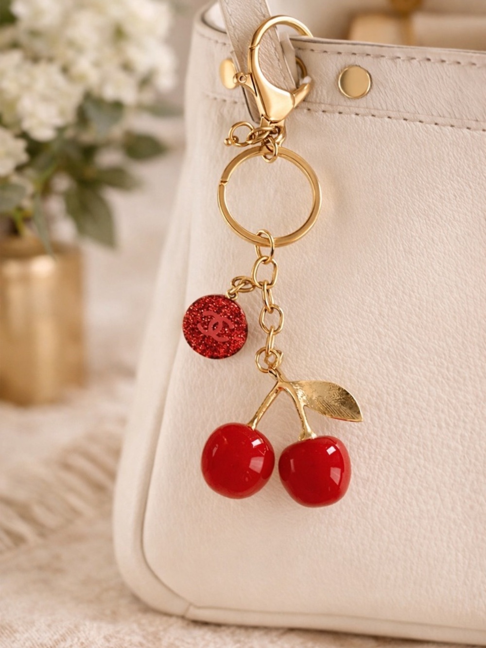 Cherry Bag Charm Keychain Red Enamel Gold Tone Purse Charm Cute Y2K Gift NWT